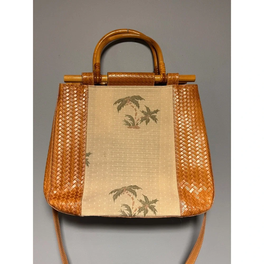 Brahmin Vintage Palm Tree Bamboo Handle Woven Leather Satchel Shoulder Bag Brown
